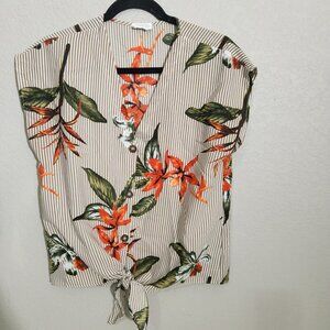 Sienna Sky Top Size S Womens Floral Stripe Button Tie Sleeveless Tropical Floral
